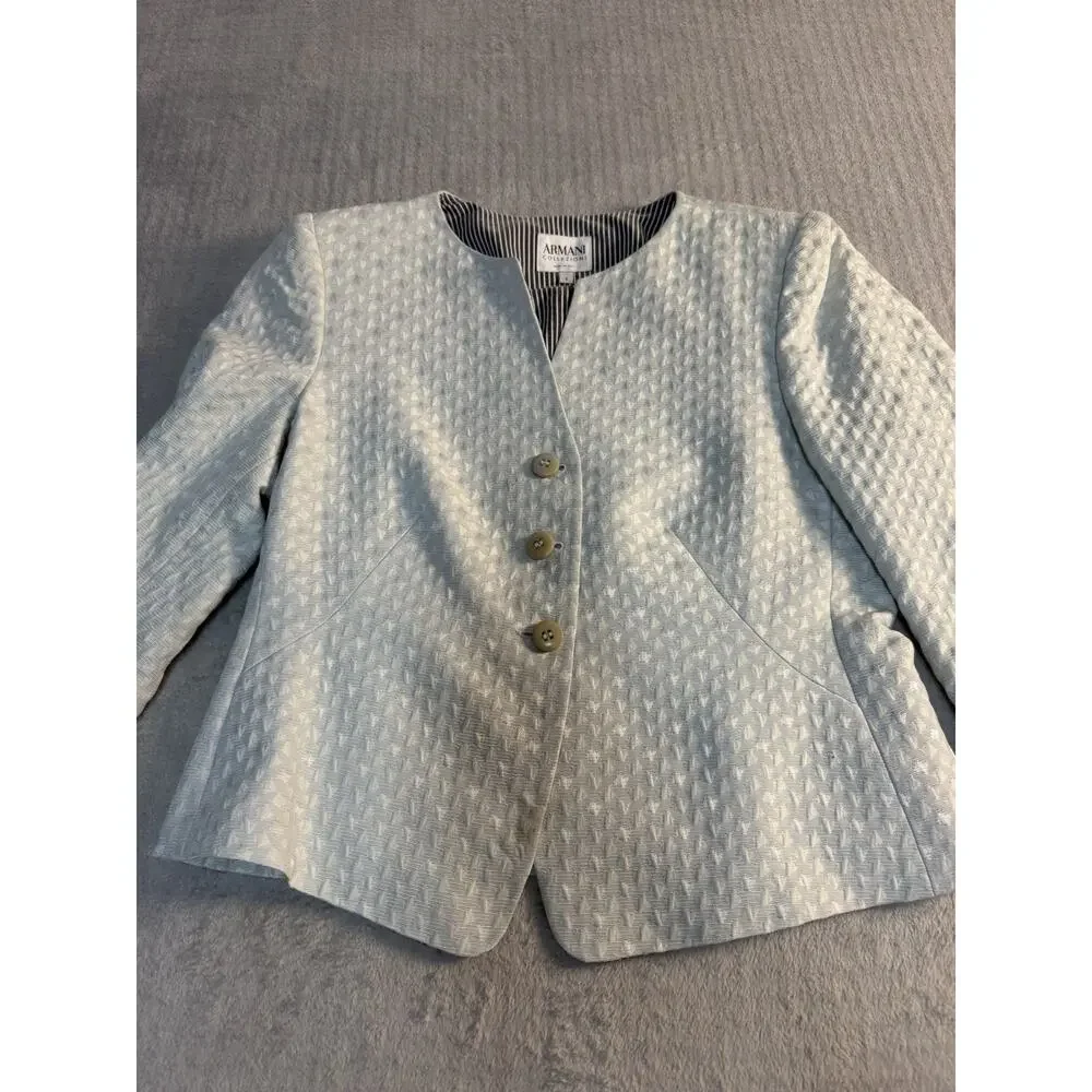 Armani Collezioni Italy Textured Cotton Silk Blue Collarless Blazer Jacket IT 46